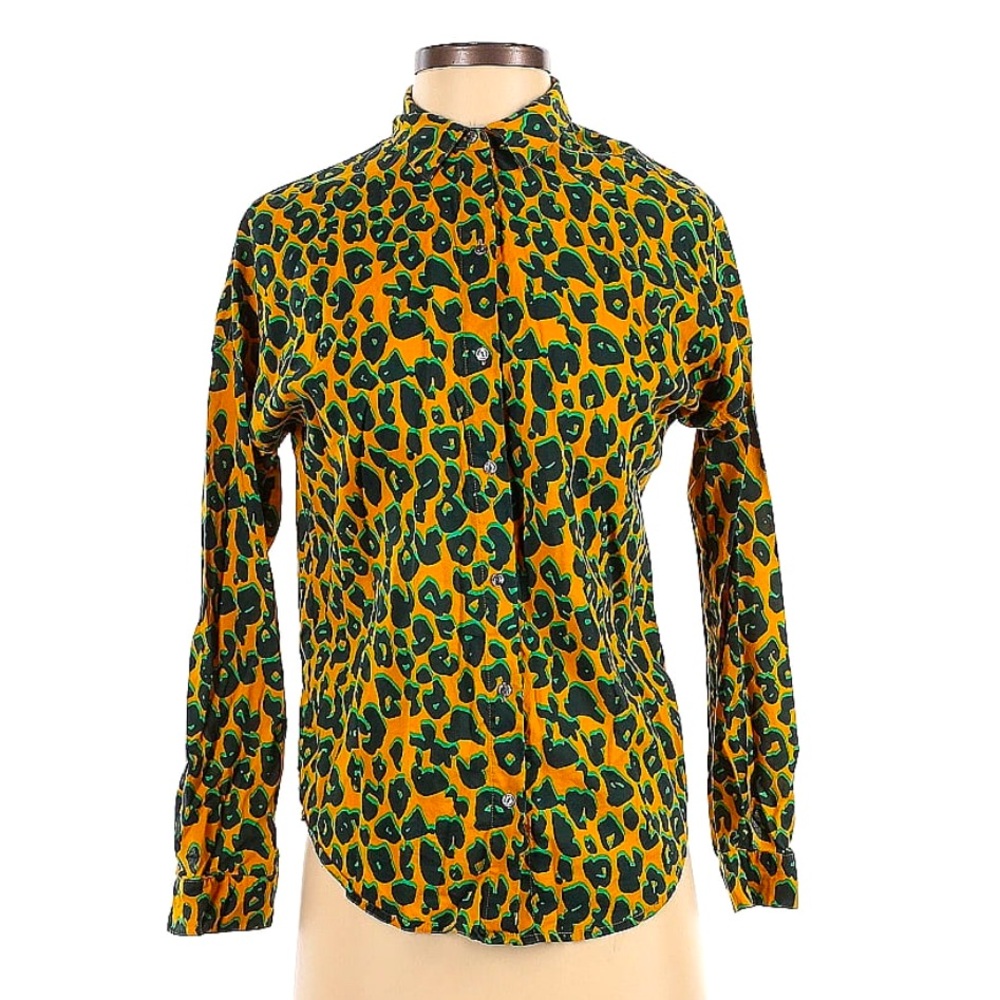 Scotch And Soda Yellow, Black and Green Leopard Print Button Up Blouse. …
